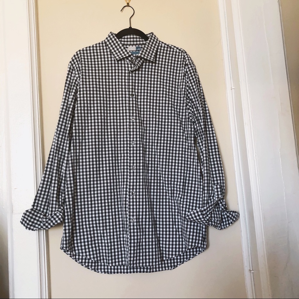 Long Sleeve Trim Fit Navy Gingham Button Up